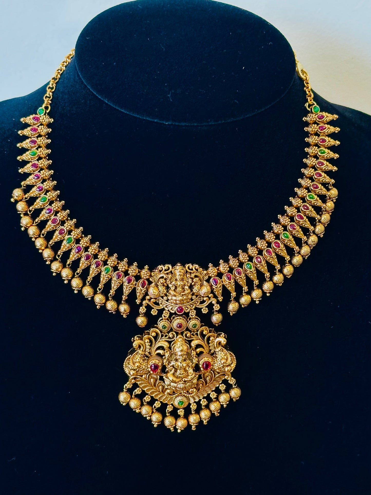 Temple Style Gold Necklace and Earring Set | Lakshmi and Peacock Motifs