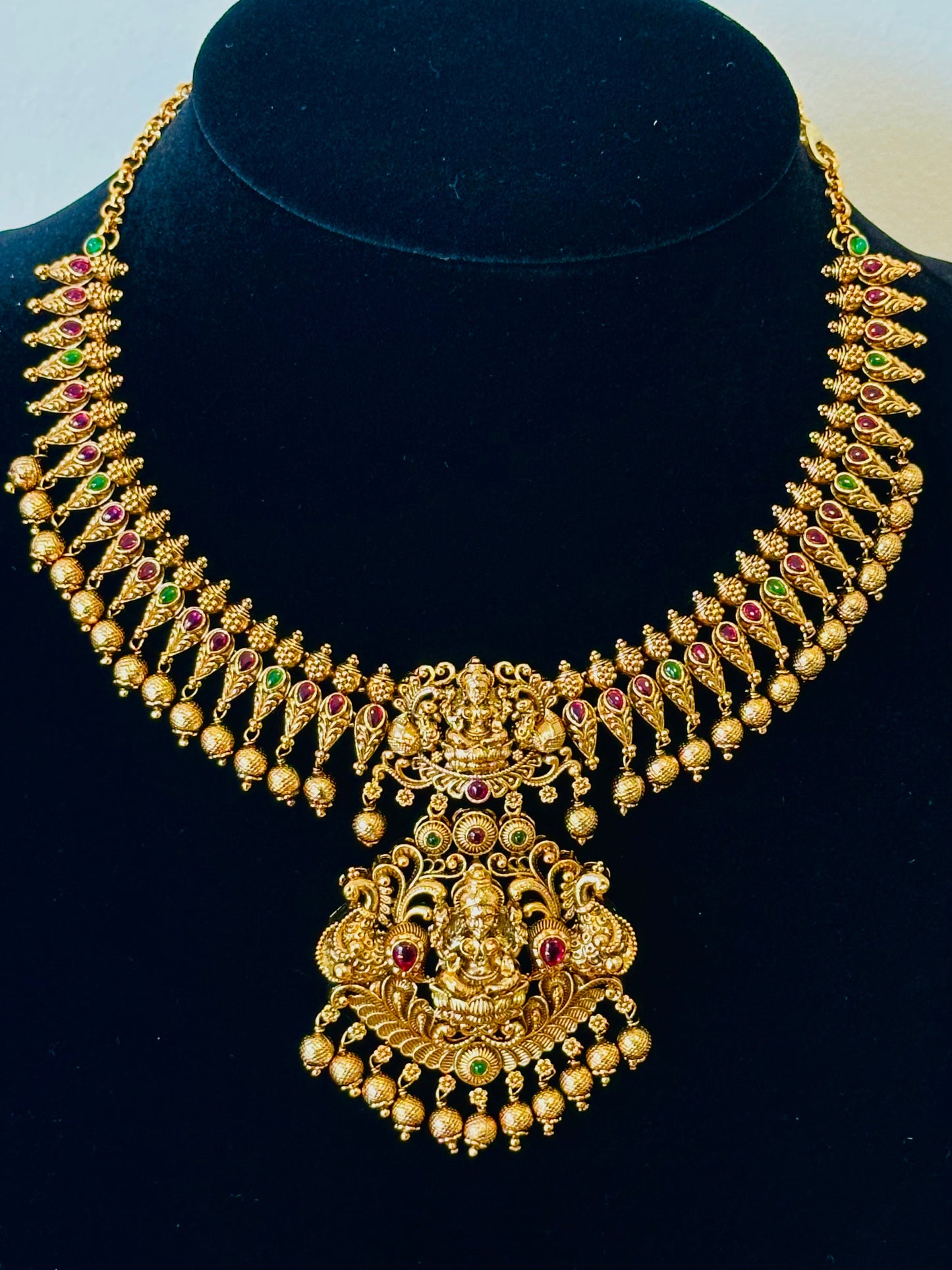 Temple Style Gold Necklace and Earring Set | Lakshmi and Peacock Motifs