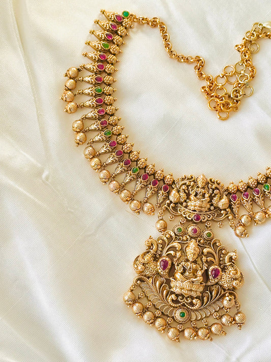 Temple Style Gold Necklace and Earring Set | Lakshmi and Peacock Motifs