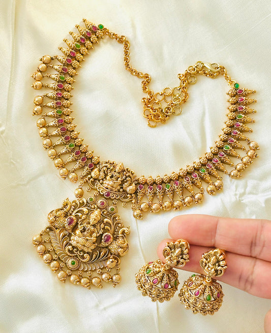 Temple Style Gold Necklace and Earring Set | Lakshmi and Peacock Motifs