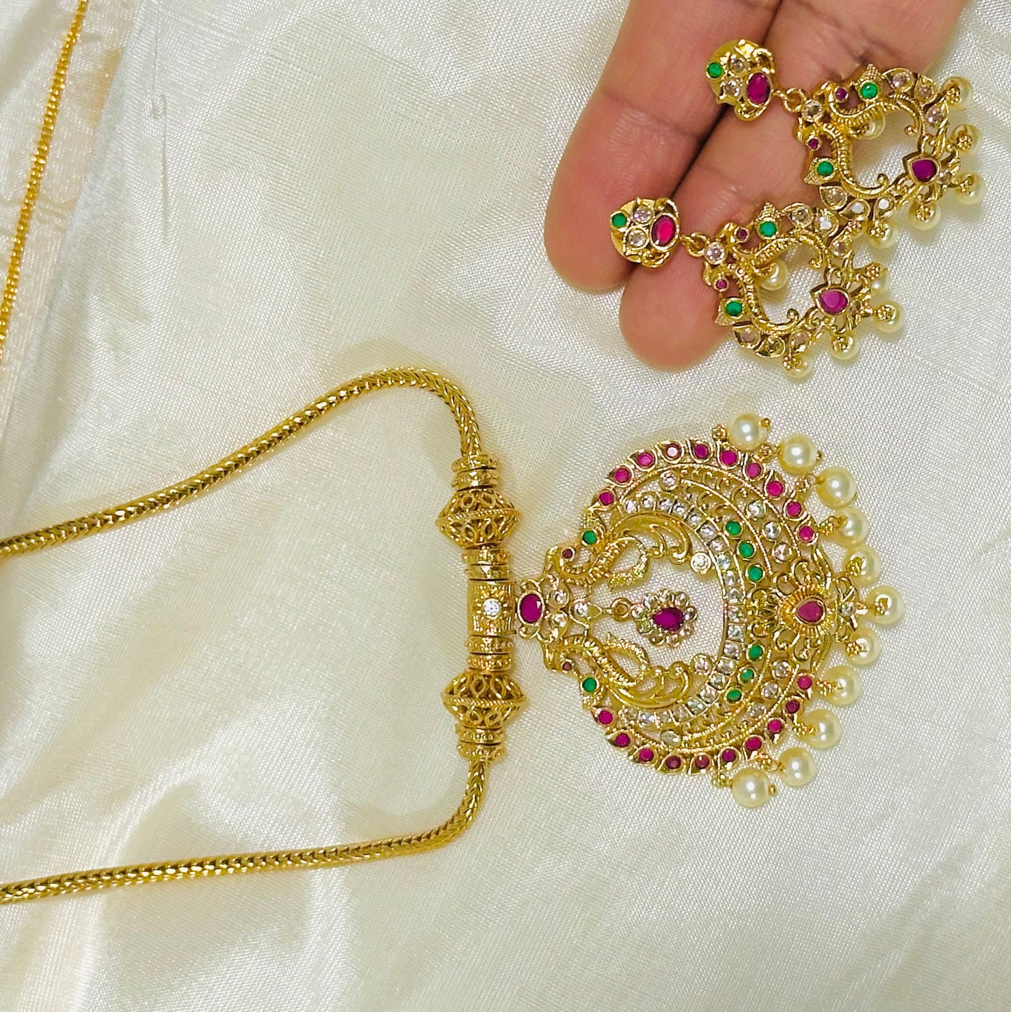 South Indian Style Gold Pendant and Earring Set with Pearl Drops