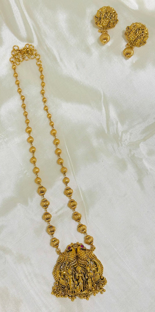 Antique Gold Necklace Set - Temple Style Rama, Lakshmana and Seeta Pendant