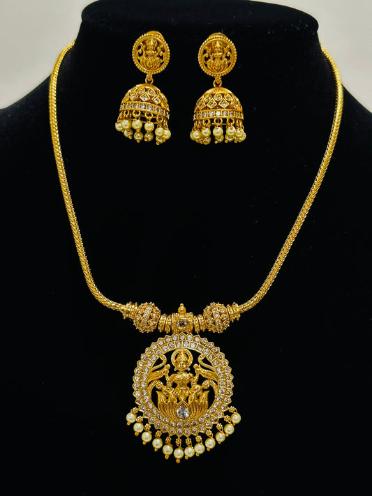 Traditional Indian Lakshmi Pendant Necklace and Jhumka Earring Set