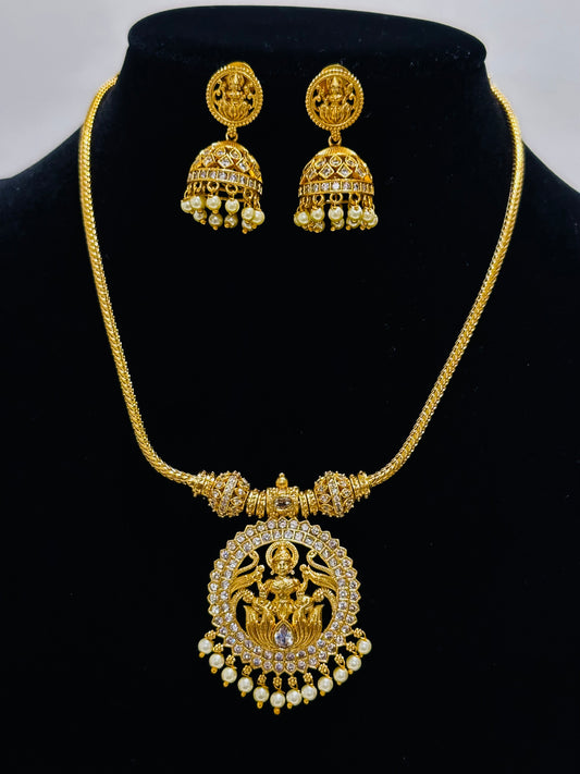 Traditional Indian Lakshmi Pendant Necklace and Jhumka Earring Set
