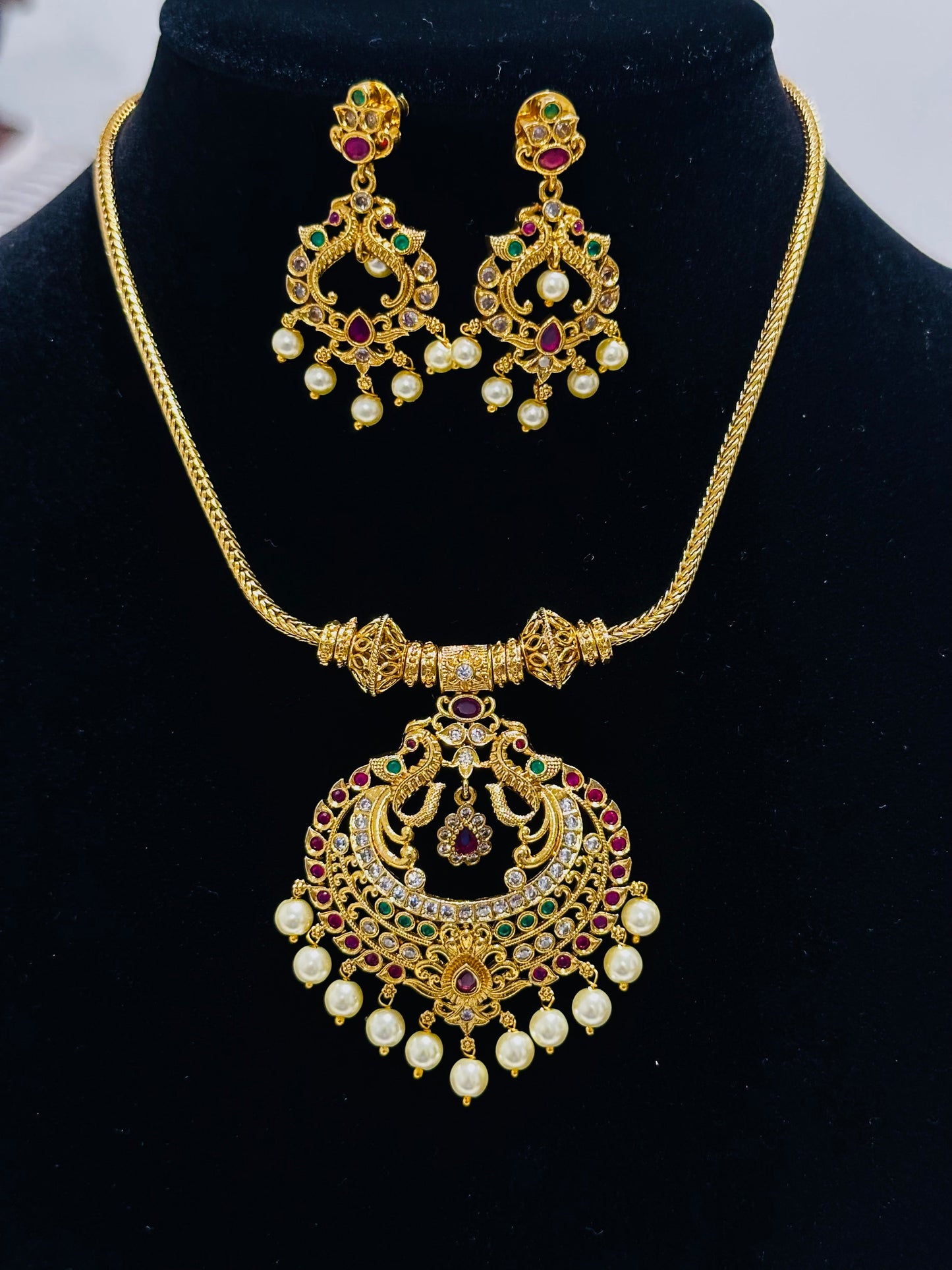 South Indian Style Gold Pendant and Earring Set with Pearl Drops