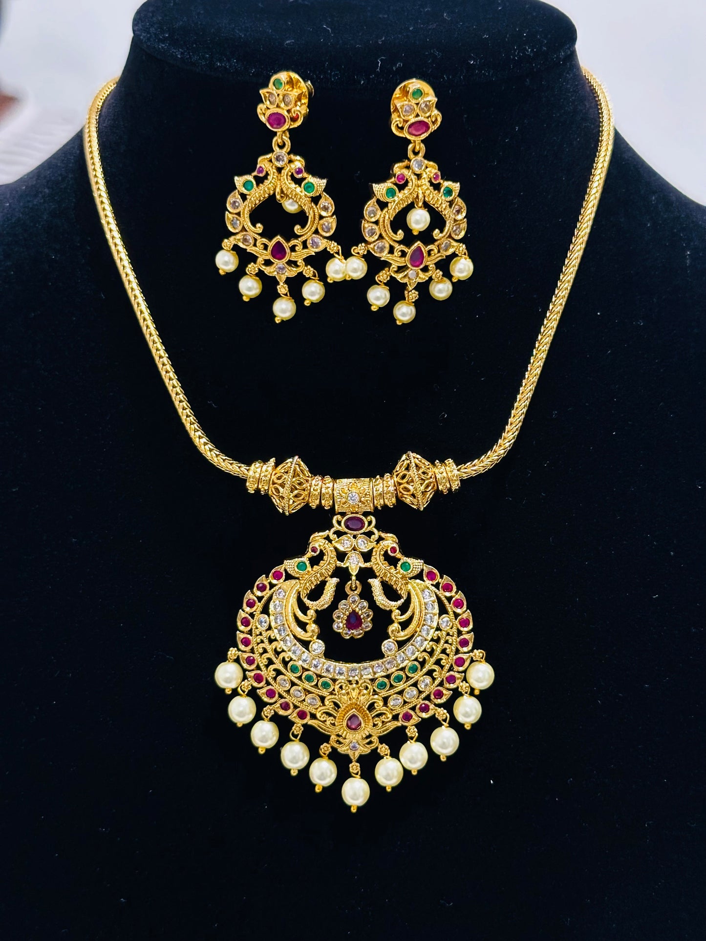 South Indian Style Gold Pendant and Earring Set with Pearl Drops