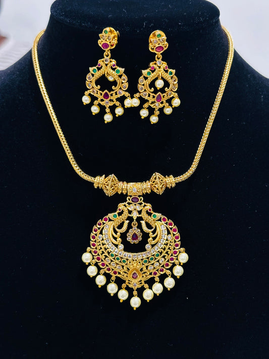South Indian Style Gold Pendant and Earring Set with Pearl Drops
