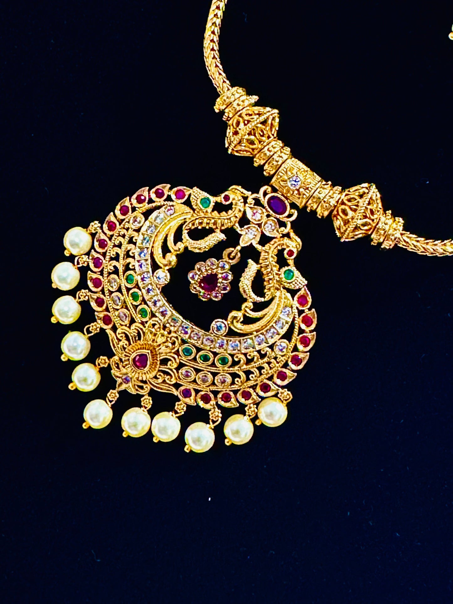 South Indian Style Gold Pendant and Earring Set with Pearl Drops
