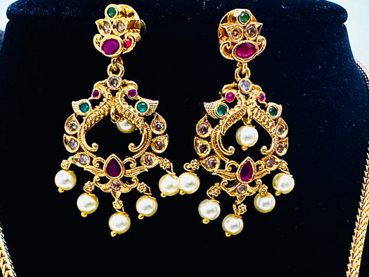 South Indian Style Gold Pendant and Earring Set with Pearl Drops