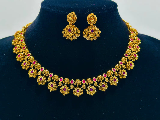 Gold-Toned Floral Necklace and Earring Set with Ruby Accents