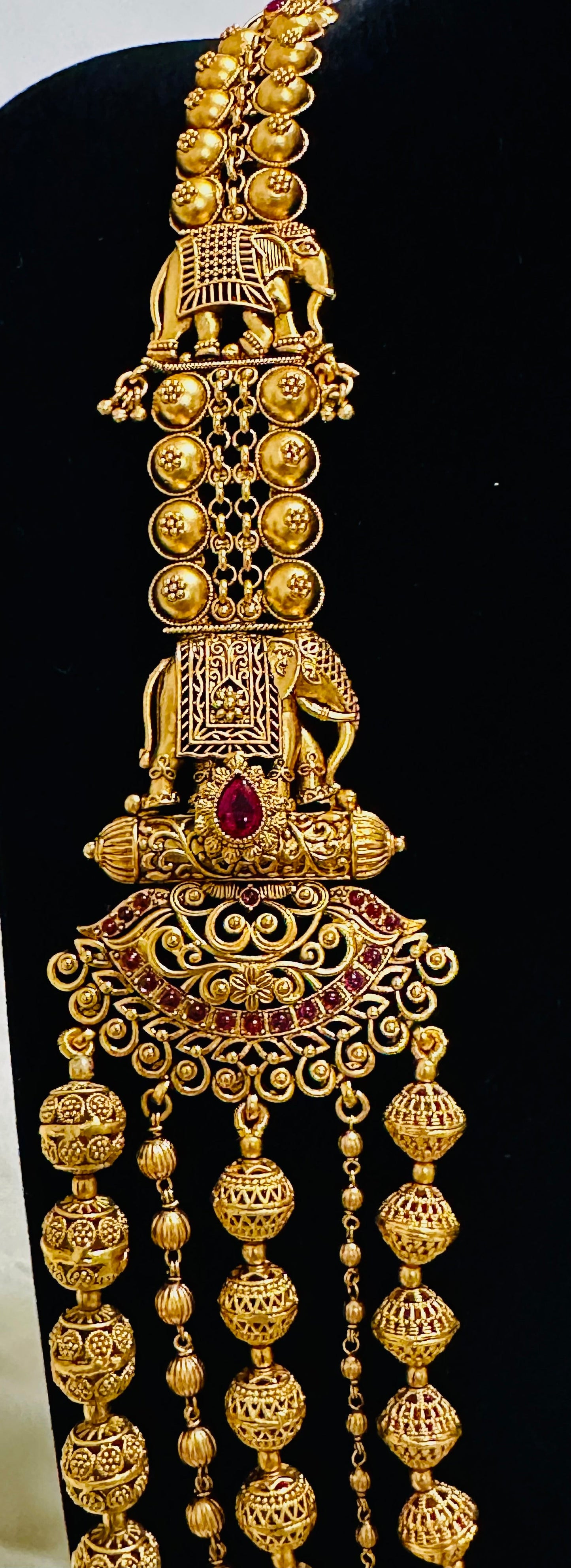 Grand Elephant Motifs: Antique Gold-Toned Multi-Strand Beaded Necklace and Jhumka Earring Set