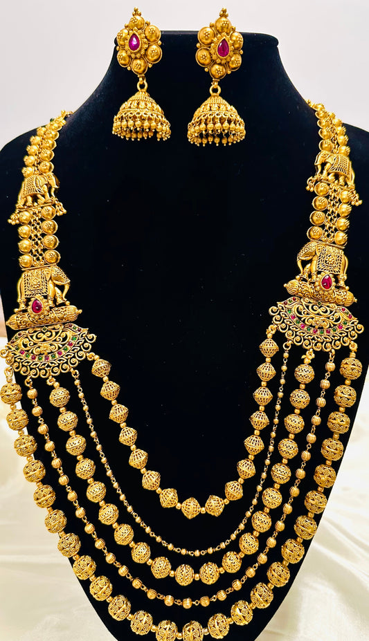 Grand Elephant Motifs: Antique Gold-Toned Multi-Strand Beaded Necklace and Jhumka Earring Set