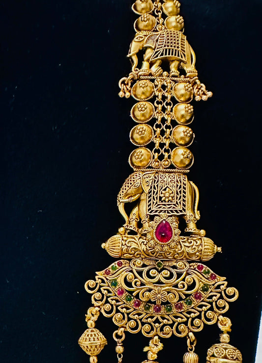 Grand Elephant Motifs: Antique Gold-Toned Multi-Strand Beaded Necklace and Jhumka Earring Set