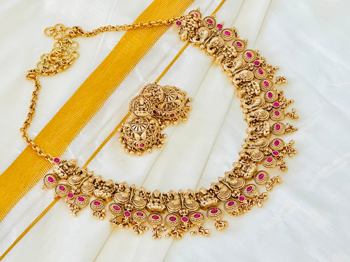 Traditional  Gold-Toned Peacock Choker Necklace and Jhumka Earring Set