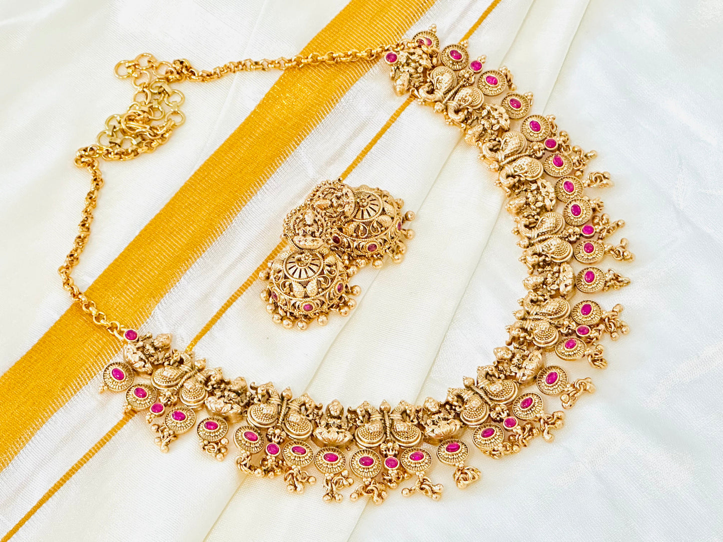 Traditional  Gold-Toned Peacock Choker Necklace and Jhumka Earring Set