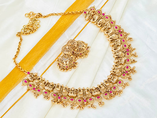 Traditional  Gold-Toned Peacock Choker Necklace and Jhumka Earring Set