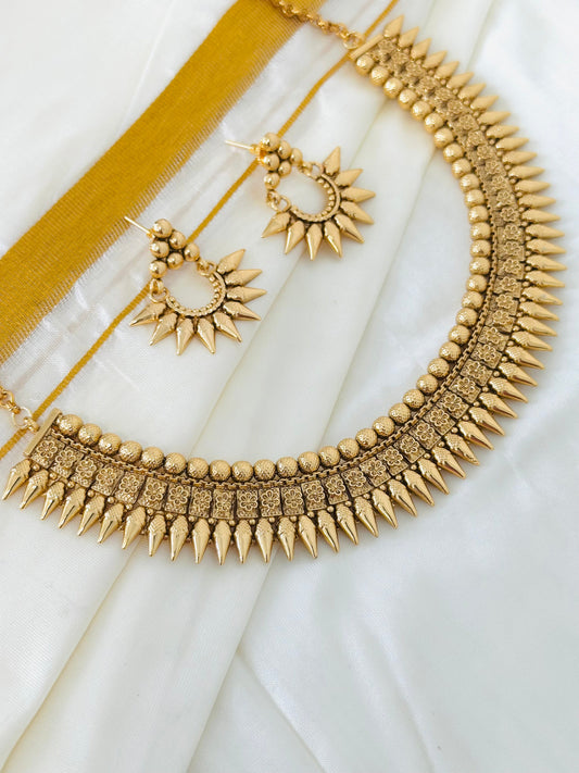Antique Gold-Toned Spiked Choker Necklace and Earring Set