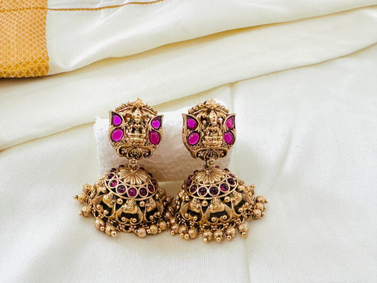 Grand Antique Gold-Toned Lakshmi Haram Necklace and Stud Earring Set with Ruby Accents