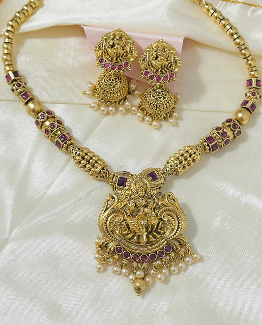 Antique Gold Necklace with Lakshmi Pendant