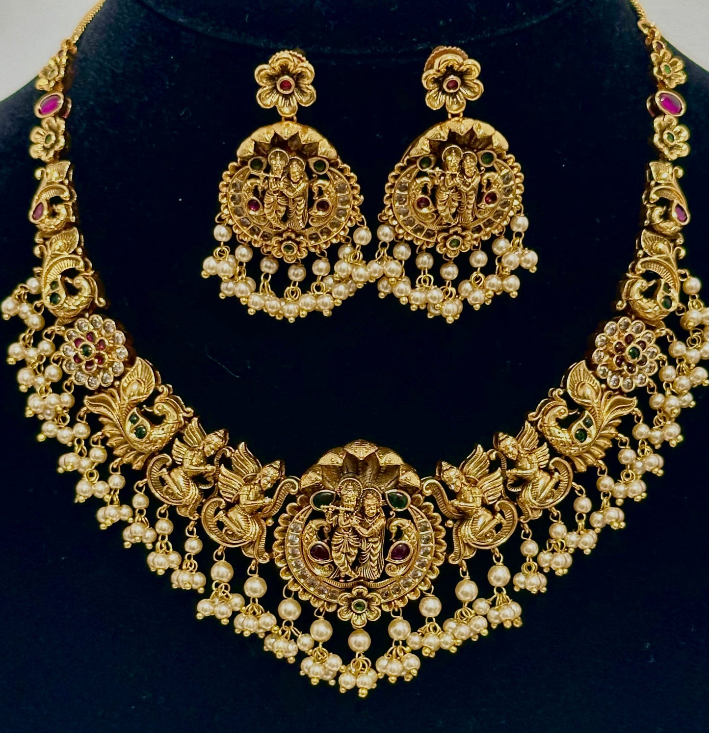 Gold Temple Jewelry Set with Pearl Drops - Radha Krishna Motif