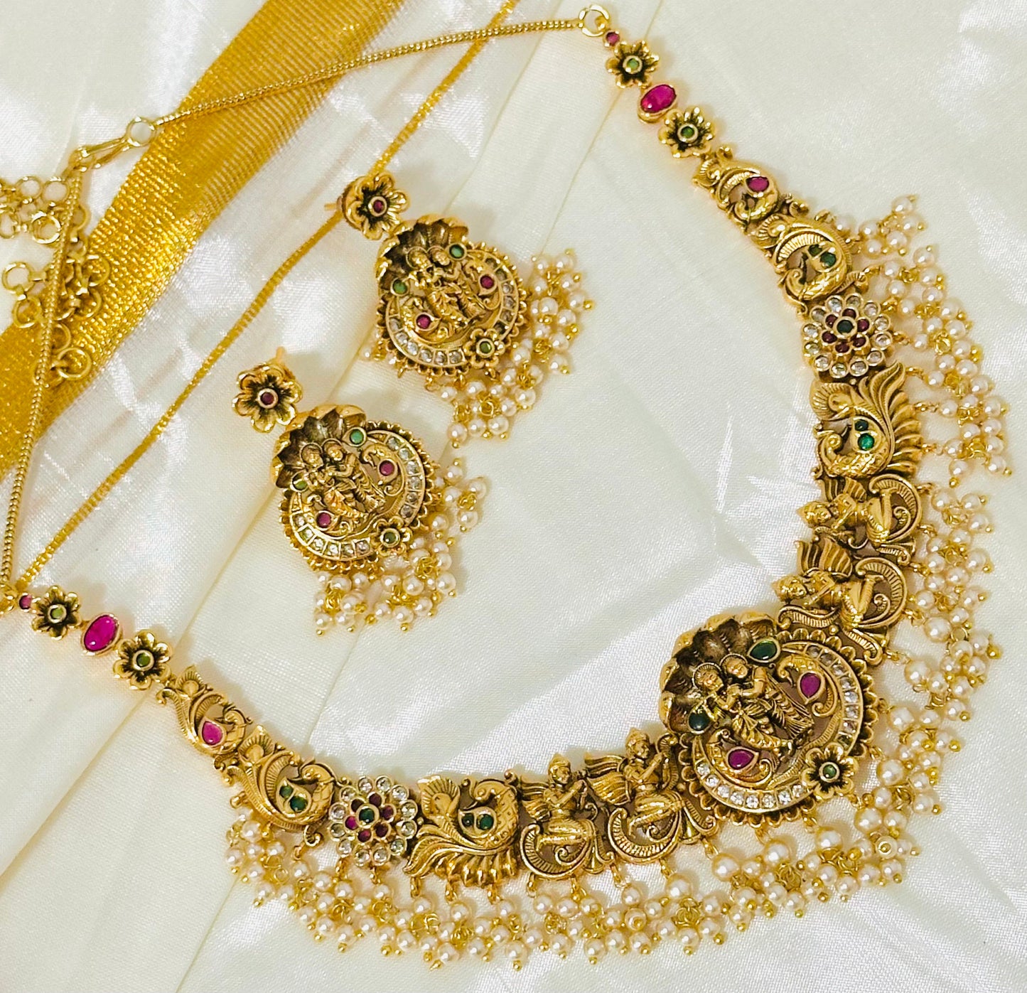 Gold Temple Jewelry Set with Pearl Drops - Radha Krishna Motif