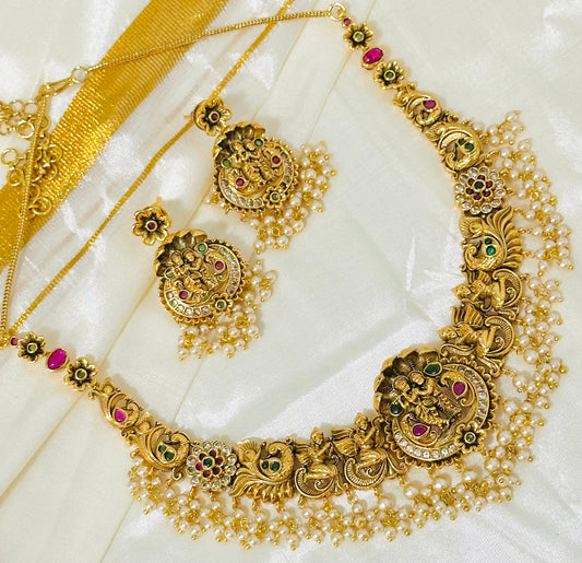 Gold Temple Jewelry Set with Pearl Drops - Radha Krishna Motif