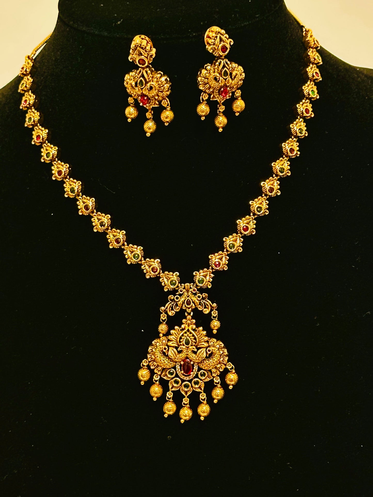 Antique Gold Necklace with Earring Set - Modern Floral and Peacock Motif