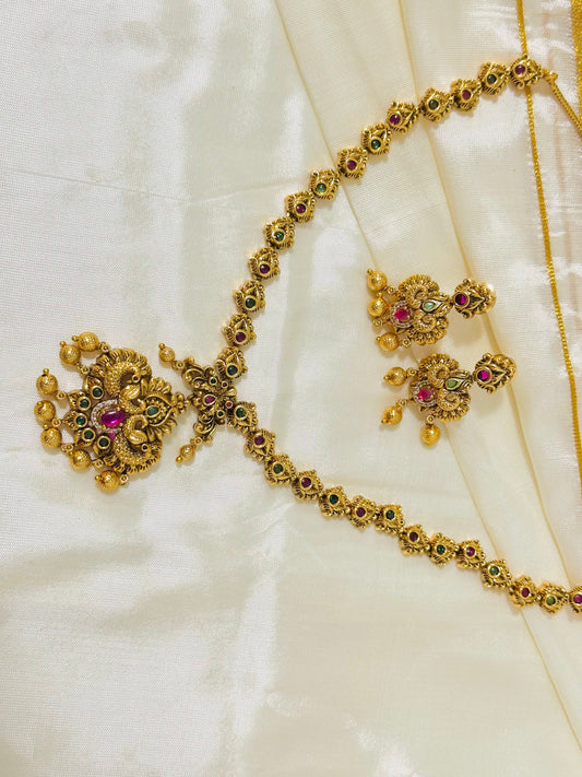 Antique Gold Necklace with Earring Set - Modern Floral and Peacock Motif