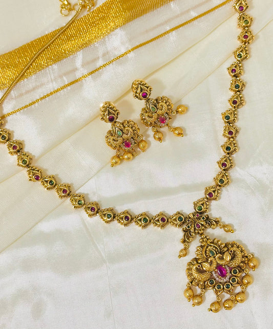 Antique Gold Necklace with Earring Set - Modern Floral and Peacock Motif