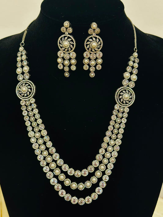 Grand Multi-Layered Stone and Pearl Necklace with Matching Dangler Earrings