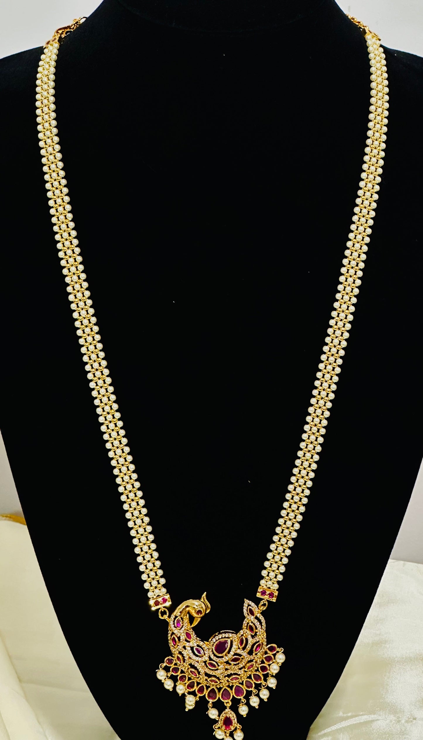 Pearl Necklace Set with Peacock Pendant - Exquisite Haram, South Indian Style