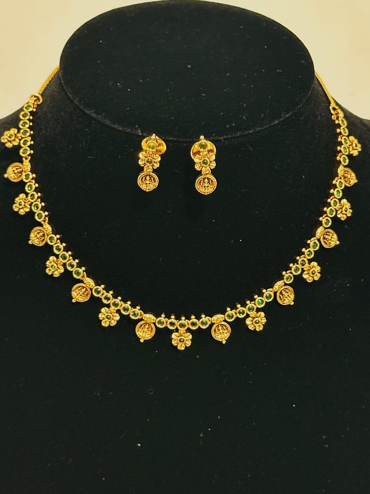 Gold-Toned necklace and Earrings with Green Accents