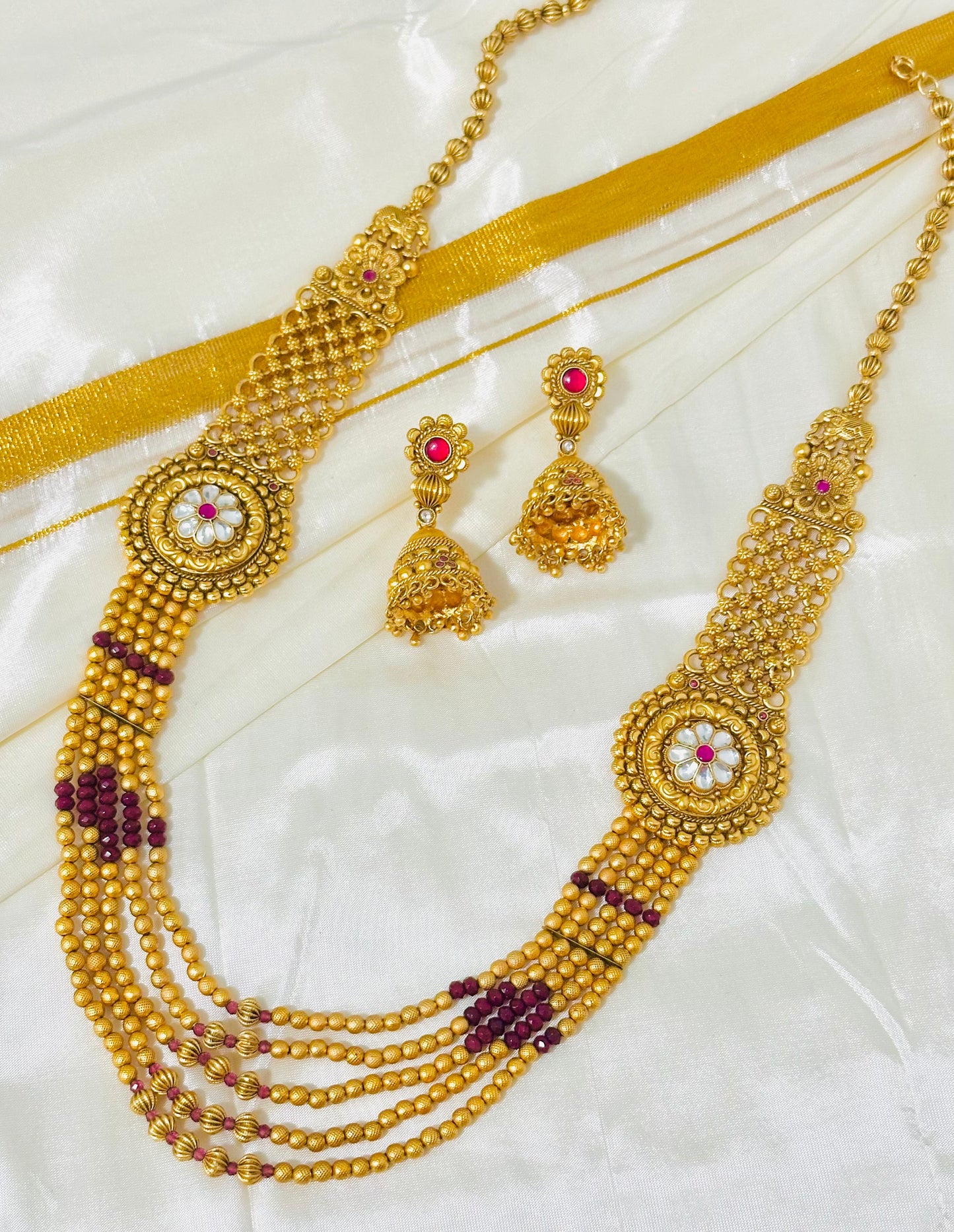 Antique Gold Long Necklace & Jhumka Earring Set (Multi-Layered Haaram)