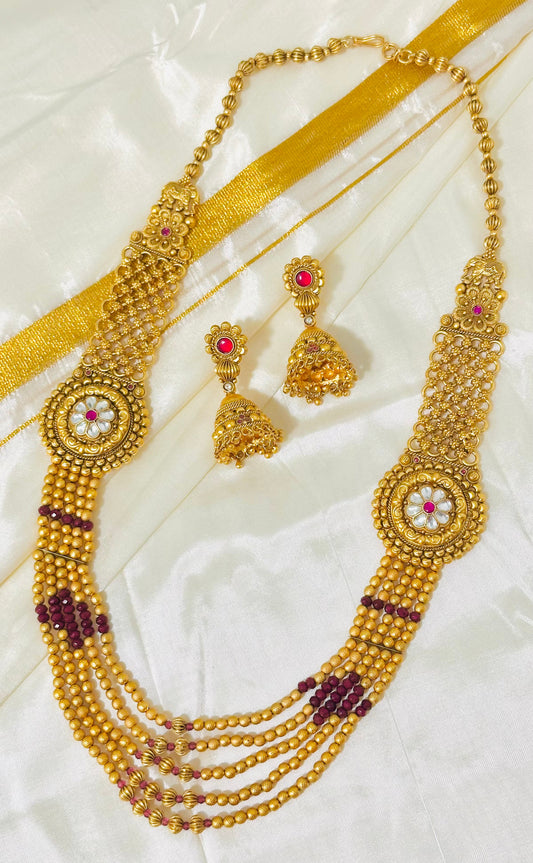 Antique Gold Long Necklace & Jhumka Earring Set (Multi-Layered Haaram)
