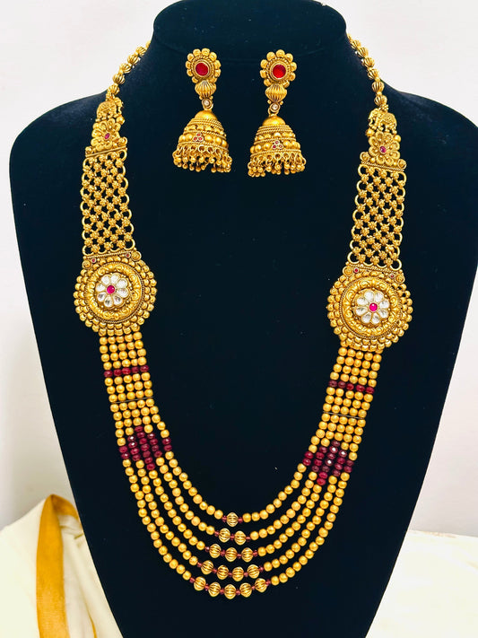 Antique Gold Long Necklace & Jhumka Earring Set (Multi-Layered Haaram)