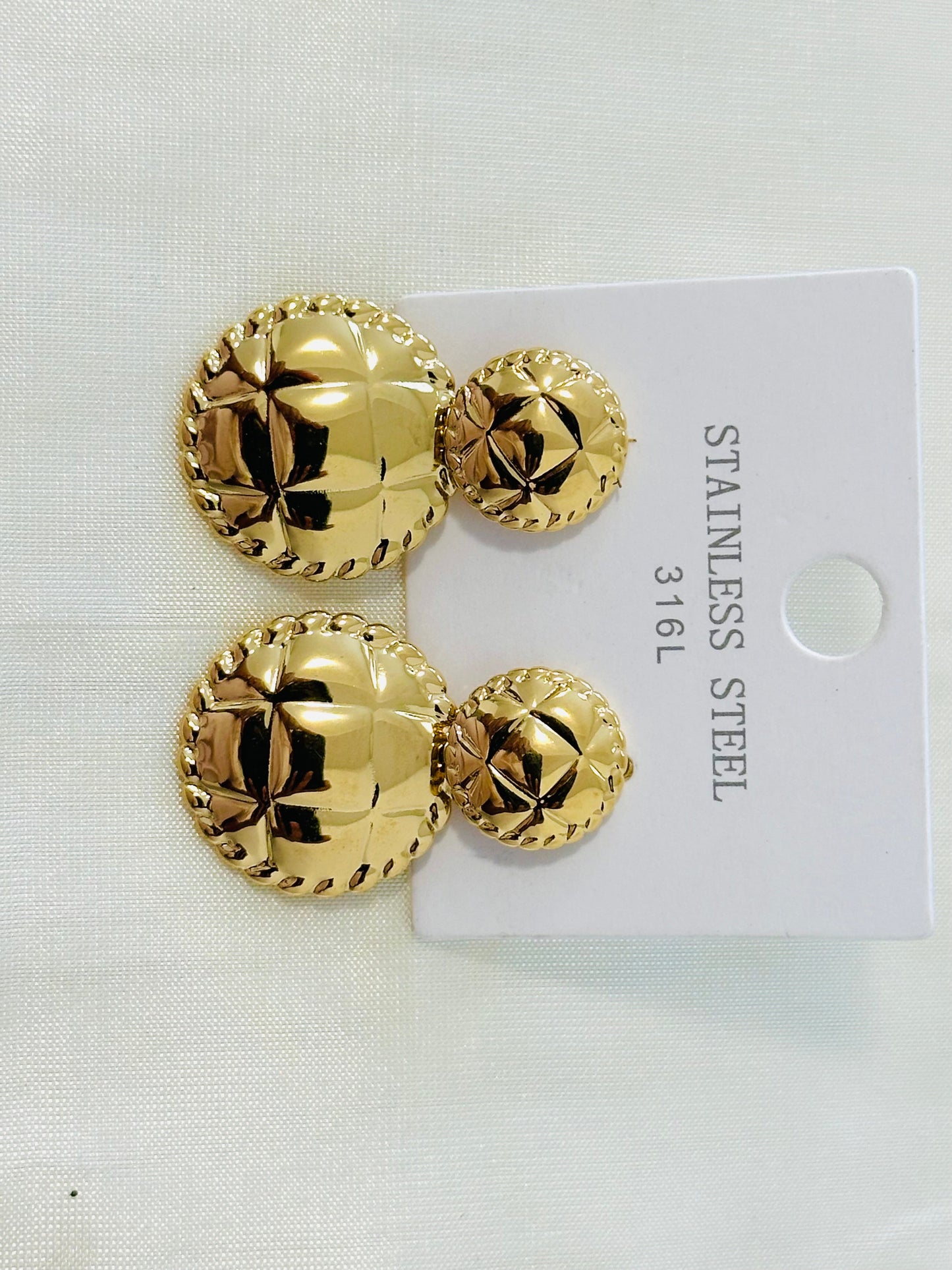 Textured Gold toned Disc Drop Earrings