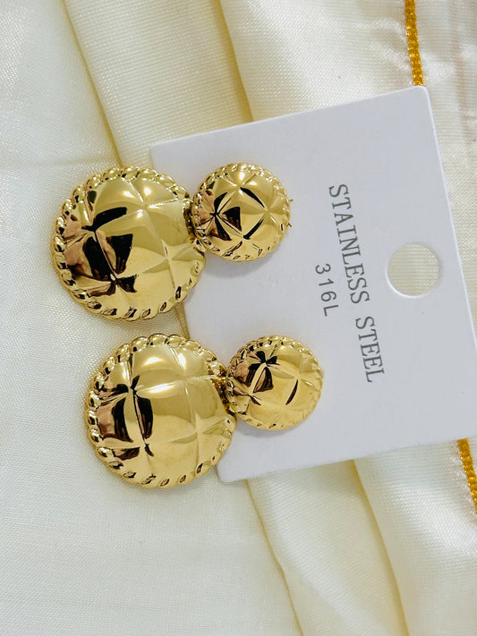 Textured Gold toned Disc Drop Earrings
