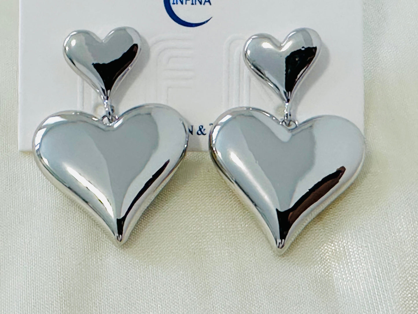 Silver-Toned Double Heart Drop Earrings