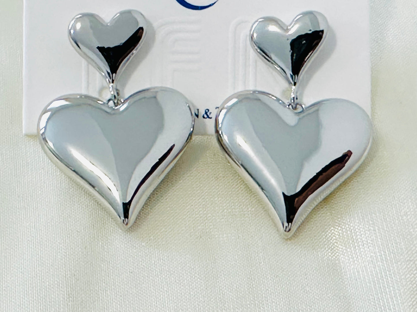 Silver-Toned Double Heart Drop Earrings