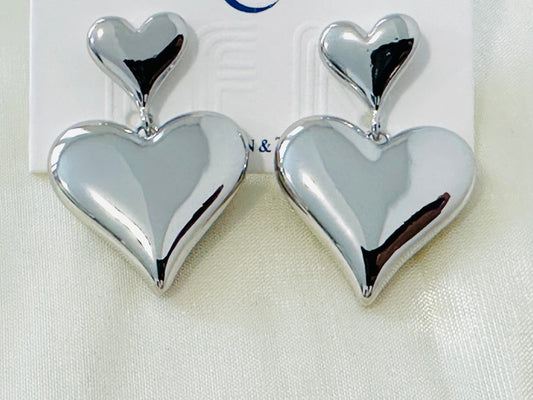 Silver-Toned Double Heart Drop Earrings