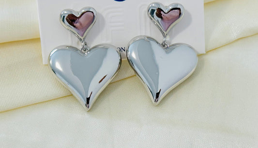 Silver-Toned Double Heart Drop Earrings