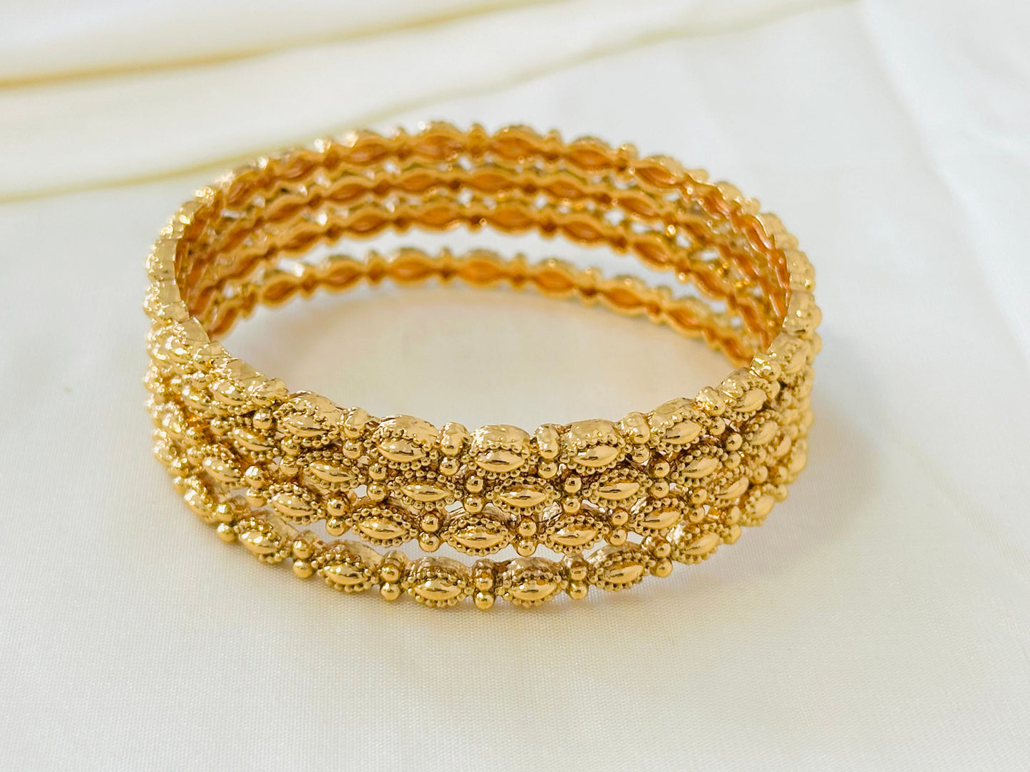 Delicate Gold-Toned Beaded Chain Bangles (Set of 4)