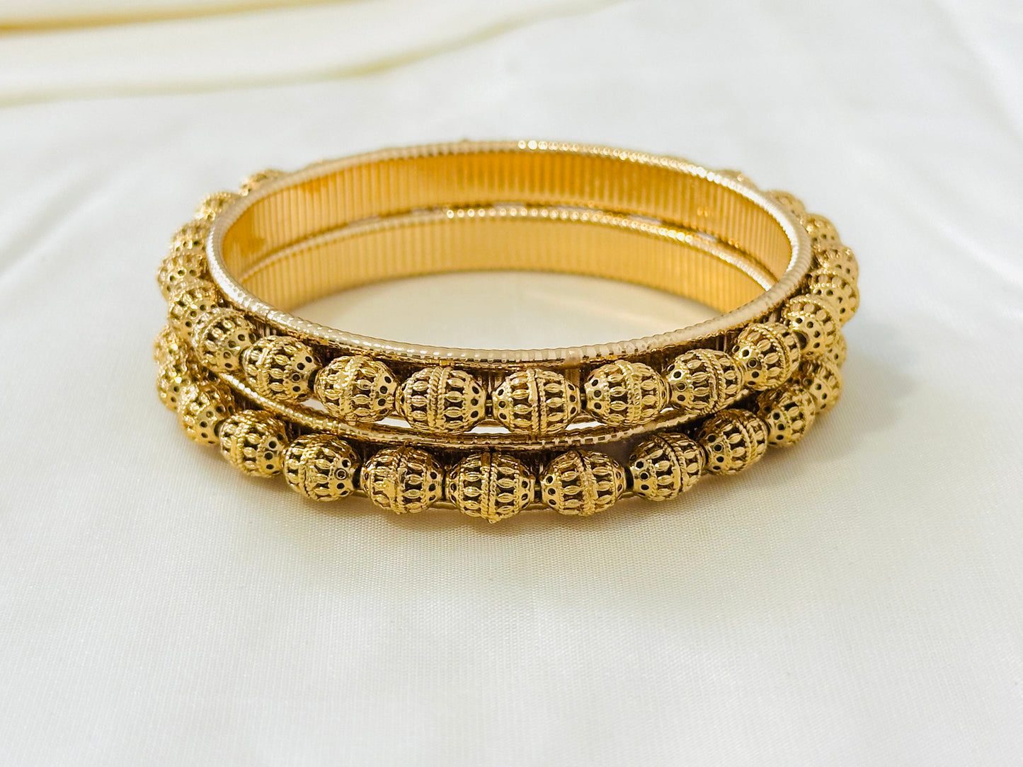 Ornate Gold-Toned Ball-Beaded Bangles (Set of 2)