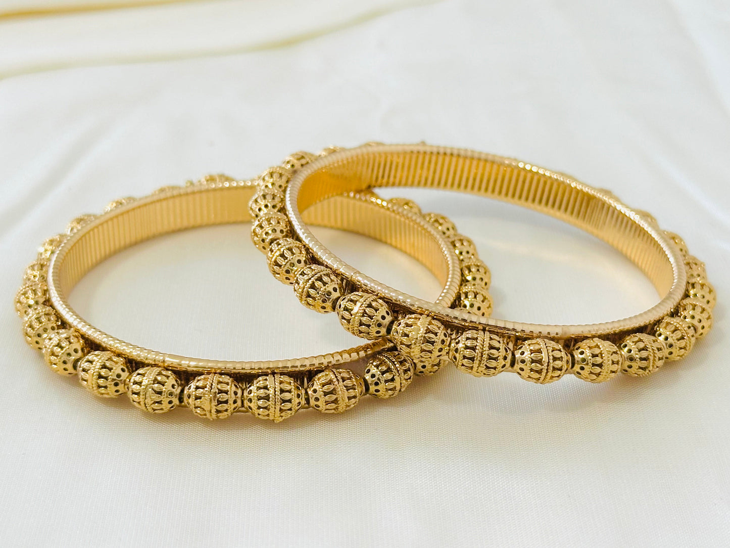 Ornate Gold-Toned Ball-Beaded Bangles (Set of 2)
