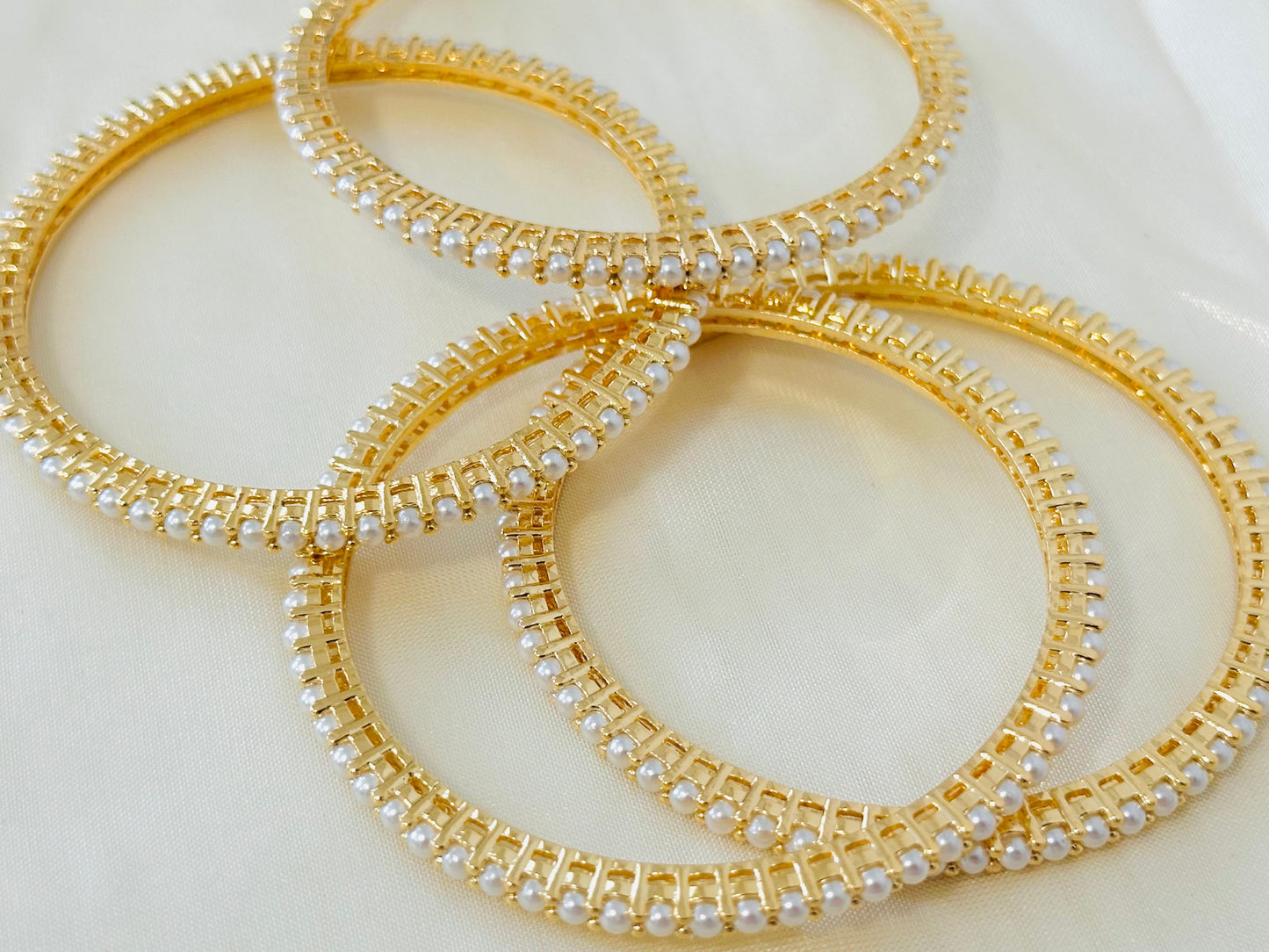 Elegant Gold-Toned & Pearl Beaded Bangles (Set of 4)