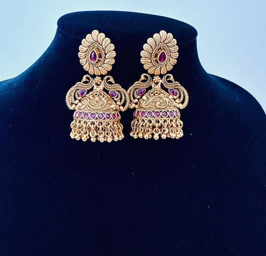 Exquisite Gold-Toned Peacock Jhumka Earrings with Ruby Accents