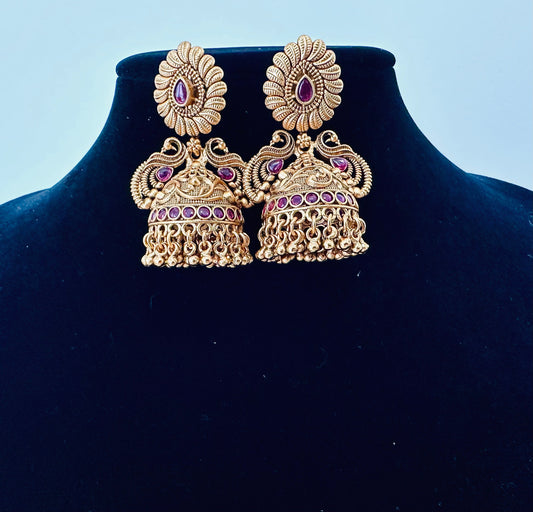Exquisite Gold-Toned Peacock Jhumka Earrings with Ruby Accents