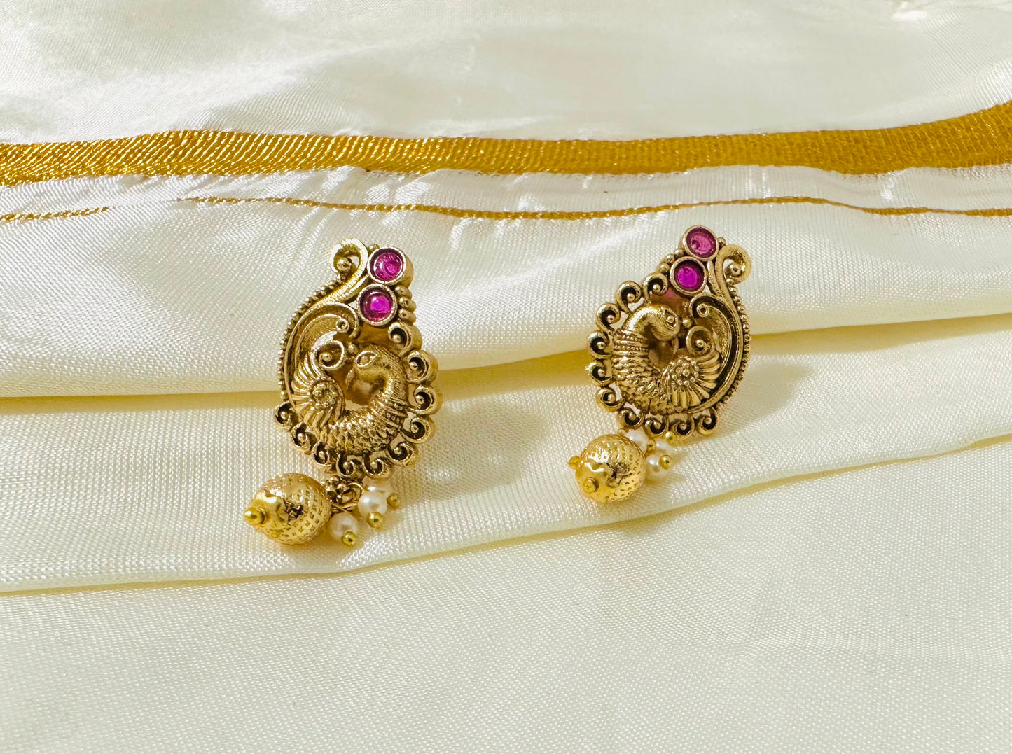 Exquisite Traditional Gold-Toned Peacock Stud Earrings