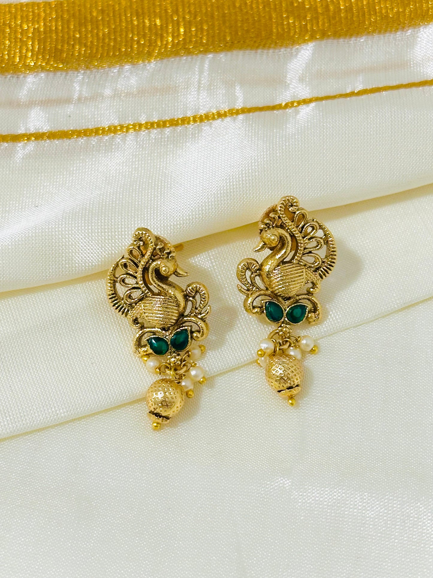 Enchanting Gold-Toned Peacock Drop Earrings with Pearl Accents
