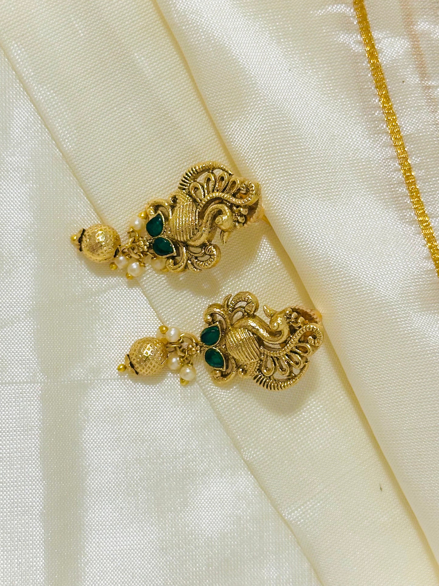 Enchanting Gold-Toned Peacock Drop Earrings with Pearl Accents